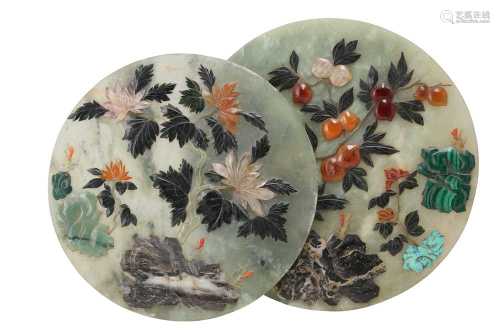 λ TWO CHINESE HARDSTONE-INLAID PALE CELADON JADE CIRCULAR PA...