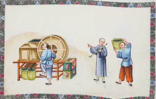 A CHINESE ALBUM OF TEN PITH PAPER PAINTINGS OF TEA PRODUCTIO...