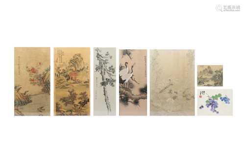 SIX CHINESE PAINTINGS, TWO PRINTS AND ONE EMBROIDERY.