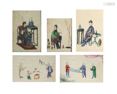 FIVE CHINESE PITH PAPER PAINTINGS.