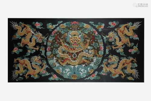 A CHINESE RECTANGULAR BLACK-GROUND EMBROIDERED SILK 'DRAGON'...