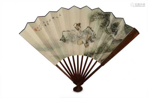 A CHINESE FAN PAINTING MOUNTED AS A FOLDING FAN.