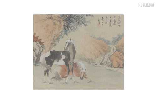 A CHINESE PAINTING OF A HORSE IN A LANDSCAPE.