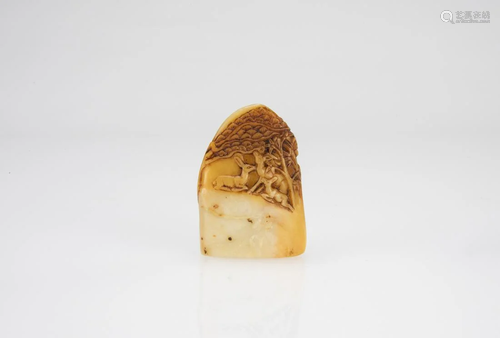 A Yellowish Jade Carved â€˜Deers And Pineâ€™ Seal