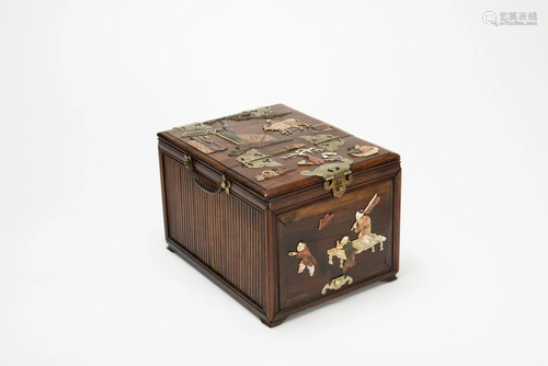 Qing - A Rose Wood Insert Gems Mirror And Make Up Box