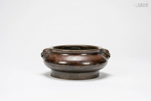 Late Qing - A Bronze Double Beast Handle Censer