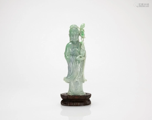 Republic-A Apple Green Jadeite Carved Guan Yin