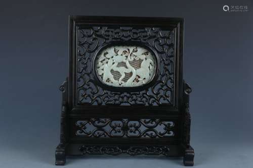 Red Sandalwood Table Screen with Hetian Jade Inlay