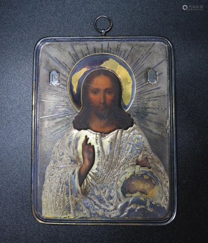 Russian Engraved Gilt Silver Salvator Mundi Icon