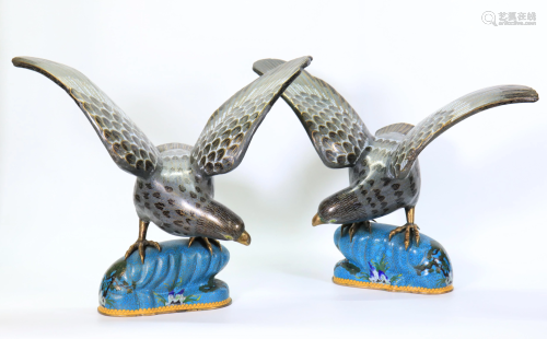 Pair Large Chinese Cloisonne & Gilt Bronze Hawks