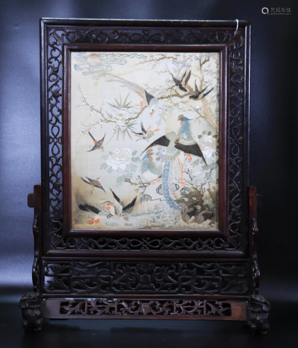 Chinese Birds Silk Embroidery; Hard Wood Stand