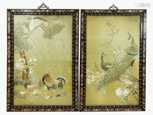 2 Chinese 19 C Silk Embroidery Shell Inlay Frames