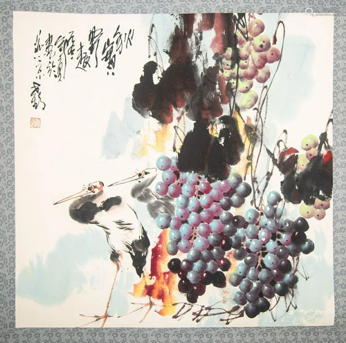 GRAPE AND CRANE PAINTING BY LU SHI HUAN