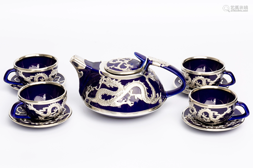 20TH CENTURY SILVER INLAY DRAGON TEA SET