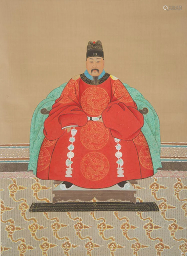 A CHINESE PAINTING OF EMPEROR ON SILK