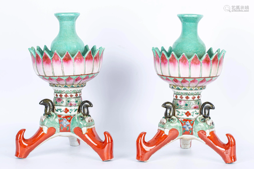 DA QING KANG XI YEAR' PAIR OF PASTEL CANDLESTICKS