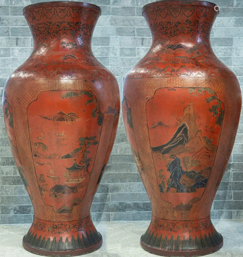 QING KANGXI PAIR OF LACQUER CARVED FOUR WINDOWE…