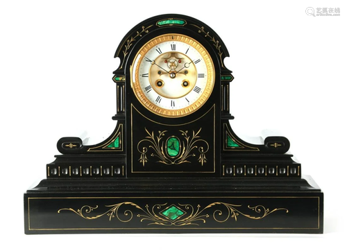 A LATE 19TH CENTURY BLACK SLATE AND MALACHITE PANELLED