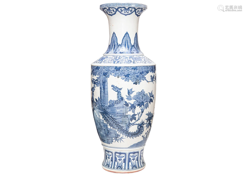 20TH CENTURY PHOENIX AND PEONY BLUE AND WHITE VASE