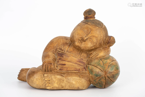 20TH CENTURY WOOD CARVED SLEEPING CHILD STATUE