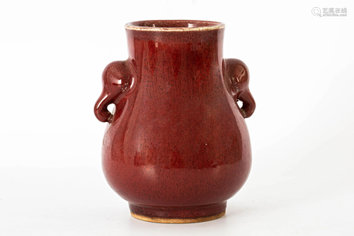 LATE QING DYNASTY RED GLAZED LION EAR ZUN