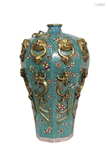 Octagonal plum bottle with turquoise green dragon pattern