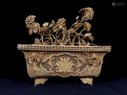 Silver gilt filigree inlaid gemstone flowerpot