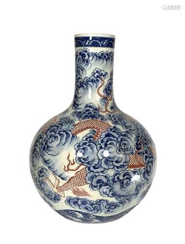 Blue and white glaze celestial vase with red cloud and drago...