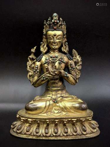 Gilt bronze inlaid gemstone seated Manjushri Bodhisattva