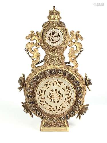 Silver gilt filigree white jade bottle inlaid with gems