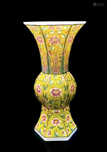 Hexagonal Goblet with Yellow Ground Flower Pattern