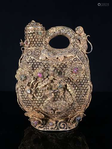 Silver gilt filigree inlaid gem flat bottle