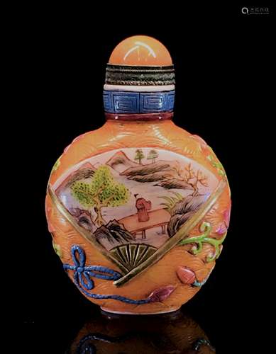 Coral Red Snuff Bottle with Tire Traveling in the Mountains