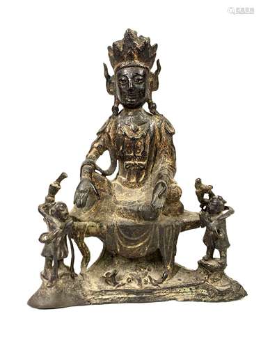 Bronze and Gold Statue of a Child and Jade Girl Worshiping G...