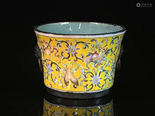 Copper enamel cup with dark eight immortals pattern