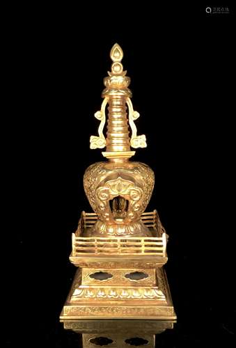 Gilt bronze and engraved flower reliquary stupa