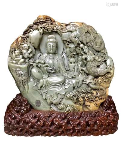 White Jade Dragon and Oval Pattern Ruyi Guanyin Dashanzi