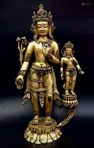 Gilt bronze inlaid with precious stones standing Bodhisattva