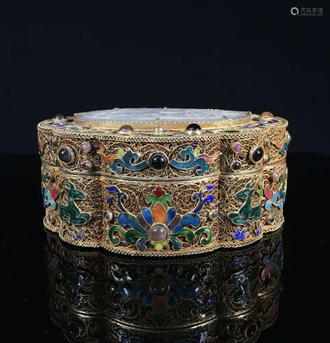 Silver gilt filigree white jade box inlaid with gems