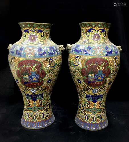 A pair of cloisonne enamel double lion head vases