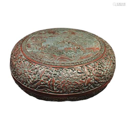 Round box with red character pattern