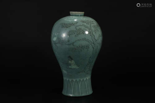 Celadon figure, crane and plum vase in Song dynasty