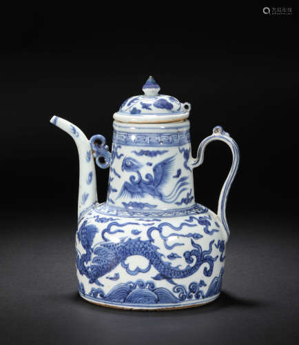 Blue and white dragon and phoenix portable pot in Qing Dynas...