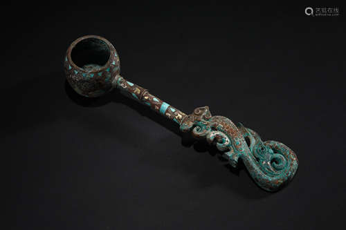 Bronze Inlaid Spoon with Turquoise Stone in Han Dynasty