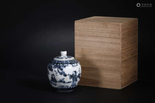 Blue and White Figure Tea Caddy in Qing Dynasty