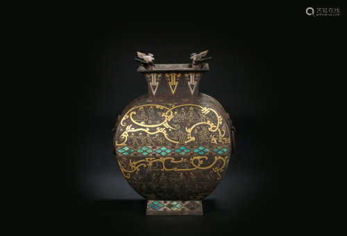Bronze Stories Jar with Gold and Silver Characters in Han Dy...