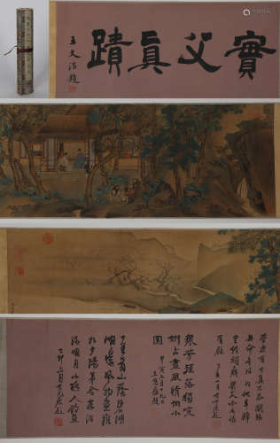 Chinese ink painting Qiu Ying's landscape scroll
