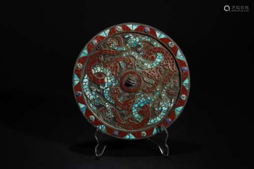 Bronze Mirror Inlaid with Turquoise Stone and Animal Pattern...