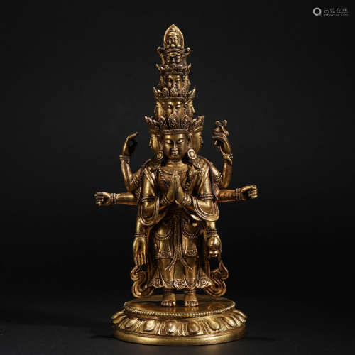 A gilt bronze eleven-faced Guanyin in the Qing Dynasty