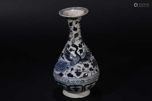 Blue and white peacock pattern jade pot spring in Yuan Dynas...
